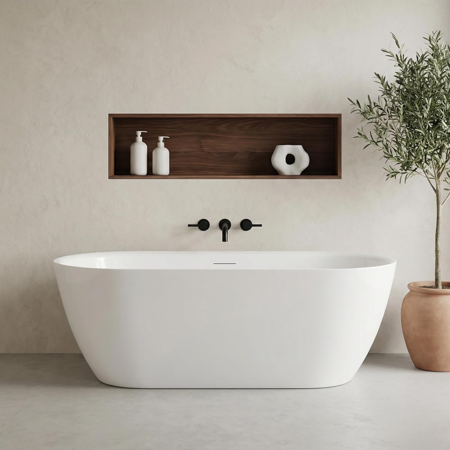 Freestanding oval soaking tub — matte white acrylic/stone resin