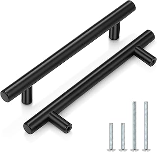 Probrico (10 Pack 5 Inch Hole Centers Flat Black Modern Cabinet Hardware Cupboard Pull Kitchen Cabinet T Bar Handle Dresser Pulls Stainless Steel Cabinet Hardware, 7-1/2 Total Length