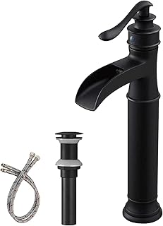 BWE Vessel Sink Faucet Waterfall Matte Black with Pop Up Drain Without Overflow and Supply Lines, Black Sink Faucet Bathroom One Handle Faucets Vanity Bath Mixer Tap