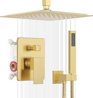 ESNBIA Gold Shower Head System, All Metal 12 Inches Ceiling Shower Faucet Set with Valve, Rain Shower Head with Handheld Spray Combo, Brushed Gold