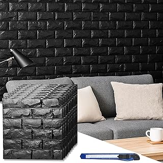 20 Pcs 3d Wall Panels Stick and Peel, Black Brick Printable Faux Paneling Self Adhesive Waterproof 3d Wallpaper Stick and Peel for Bedroom, Bathroom, Kitchen, Fireplace (19.38 sq feet Coverage)
