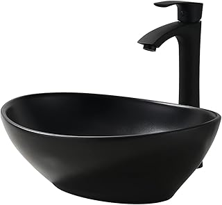 16x13 Matte Black Vessel Sink With Faucet and Drain Combo - Oval Porcelain Ceramic Above Counter Bathroom Sink