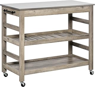 HOMCOM Rolling Kitchen Cart with Stainless Steel Countertop, Kitchen Butcher Block Cart with 1 Bottom Shelf, 1 Slotted Middle Shelf and 4 Castor Wheels, Grey