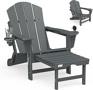 Mdeam Folding Adirondack Chair with Retractable Ottoman, HDPE All-Weather Fire Pit Chair with 2 Cup Holders, Outdoor Chair for Deck Patio Garden Backyard Lawn (Grey)