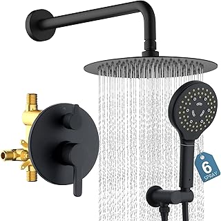 Matte Black Shower Faucet Set, Wall Mount Rain Shower System 10 Inches Shower Head and Shower Handheld, Included Pressure Balance Valve and Trim Kit