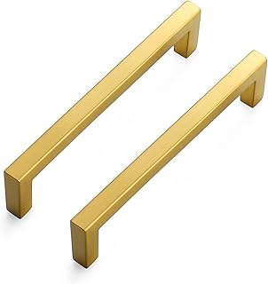 Ravinte 15 Pack Solid 5 Inch Center to Center Slim Square Bar Drawer Handles Cabinet Hardware - Brushed Brass Pulls for Kitchen Cabinets