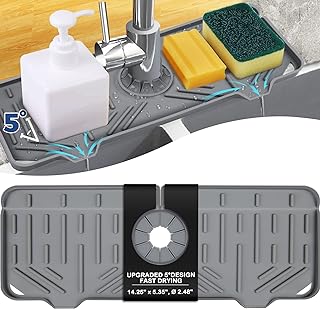 BFONS Silicone Faucet Handle Drip Catcher Drying Tray Mat Dish Soap Sponge Holder Accessories Gadgets for Kitchen Counter Bathroom Kitchen Sink Splash Guard -Grey