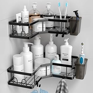 AKTECKE Corner Shower Caddy, 2 Pack Adhesive Shower Corner Organizer Shelves, No Drilling Stainless Steel Shower Storage Rack with Hooks&Toothpaste Holder for Bathroom Kitchen (for 90° Corners Only)