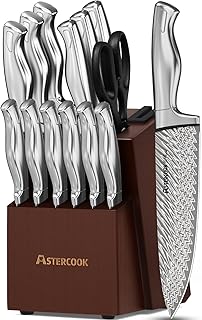 Astercook Knife Set, 15-Piece Kitchen Knife Set with Block, Built-in Knife Sharpener, German Stainless Steel Knife Block Set, Dishwasher Safe, Mothers Day Gifts