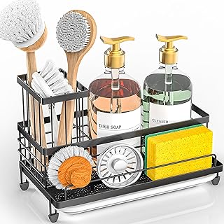 Cisily Large Capacity Kitchen Sink Caddy Organizer, Rustproof Non-Slip Sponge Holder With Dish Brush Holder Organizer, Kitchen Organization and Storage, Essentials Accessories for Countertop