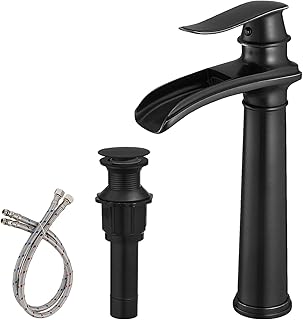 BWE Vessel Sink Faucet Waterfall Matte Black Bathroom Faucets Single Hole Single Handle Bathroom Sink Faucet Tall Vessel Brass Faucet with Pop Up Drain and Water Supply Line