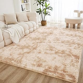 Litanika 4x6 Shag Area Rug for Living Room Bedroom, Tie-Dyed Beige High Pile Soft Plush Shaggy Furry Cream Bedside Playroom Dorm Carpet, Non-Slip, Non-Shedding Modern Indoor Floor Rug