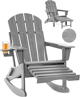 Folding Adirondack Rocking Chair,4-in-1 Multifunctional Patio Chair with Retractable Ottoman, Outdoor Chair Wood Texture, Lawn Chair for Porch, Backyard, Pool(Grey)