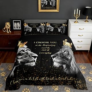 3D Lion Couple Comforter Set Queen Size,Golden Glitter King and Queen Crown Bedding Set for Kids Girls Women Men Bedroom Decor,African Wild Animals Quilt Set Valentine's Day Duvet Insert,Black