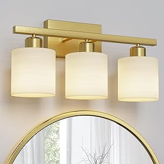 PARTPHONER Bathroom Light Fixtures, Bathroom Lighting Fixtures Over Mirror, Interior Classic Vanity Lights, Modern Vanity Light with Textured White Glass Shade, Brushed Gold, 3-Light