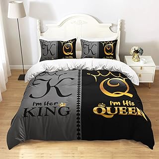 AILONEN Grey and Black Duvet Cover Set Queen Size, K and Q Printed Crown Couple Bedding Set Gifts,3 Piece His Her Themed Lightweight Microfiber Comforter Cover with 2 Pillowcases