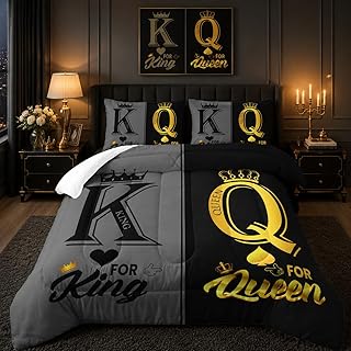 Nttopship King and Queen Crown Comforter Set Black and Gray Couple Bedding Set，3Pcs Mr Mrs Comforter Set for Adults Couple Men Women,His and Hers Quilt Set 2 Pillowcases Bedroom Decor Queen