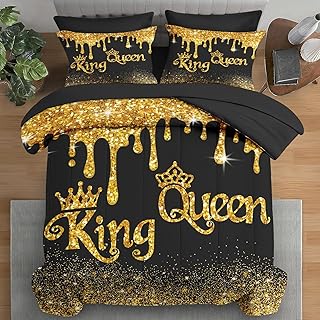 Pamnest Comforter Set Queen Size, King Queen Black Gold Crown 7 Pcs Bedding for Kids and Adults, Royal Love Bed Sheet Sets with Fitted Sheet 2 Pillowcases & 2 Shams for Bedroom Bed Decor