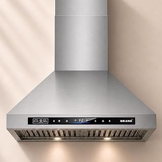 Brano Range Hood 36 Inch Wall Mount, 900 CFM Ducted/Ductless Convertible, 4-Speed Stainless Steel Vent Hood, Voice Gesture Touch Control Panel, Timer & Delay Shutoff, LED Lights, Charcoal Filter