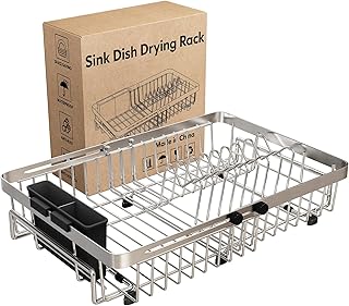 MAJALiS Dish Drying Rack Over The Sink, Expandable Stainless Steel Dish Drainer for Small Kitchen Counter Space Saving, RV Compact Plate Strainer In Silver Metal with Hanging Adjustable Utensil Holder