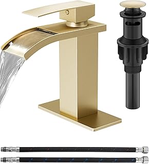 Waterfall Bathroom Faucet 1 Hole, Single Hole Bathroom Faucet, Single Handle Vanity Sink Faucet with Deck Plate, Pop-up Drain & Supply Lines, Brushed Gold
