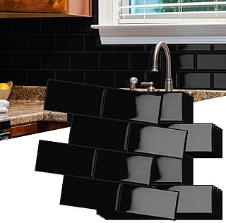 10-Sheet Thick Peel and Stick Kitchen Backsplash Tiles, 3D Subway Waterproof Self-Adhesive Wall Tile Stick on Backsplash for Kitchen and Bathroom(Black,12.6