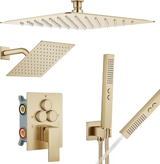 Aolemi Shower Faucet Set Ceiling Mount Shower System Rough-in Valve and Shower Trim Kit 2 in 1 Handheld Spray Push Button Diverter 10 and 6 Inch Dual Shower Head Brushed Gold