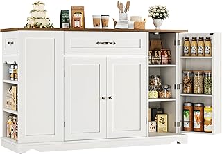 HOSTACK Kitchen Island Cart with Storage, 47'' Kitchen Storage Island on Wheels with 2 Drawers, Rolling Island Table with Adjustable Shelves, Mobile Buffet Sideboard Cabinet for Dining Room, White