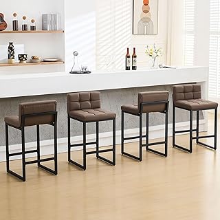 FIRAVOE Counter Height Bar Stools Set of 4, Upholstered Barstools with Back, Bar Chairs with Thickened Metal Legs, PU Leather Counter Stools for Kitchen Island (Coffee Brown, 4Pcs 26