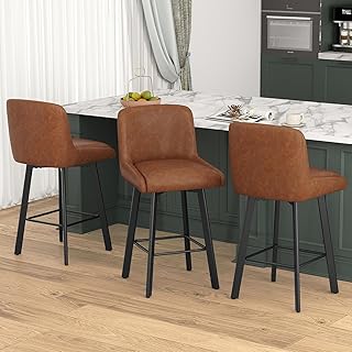 SAECKBERG Swivel Bar Stools Set of 3, 26''H Upholstered Barstools with Backs, Modern Counter Height Bar Stool Chairs for Kitchen Island, Metal Legs, Faux Leather, Brown Counter Stools