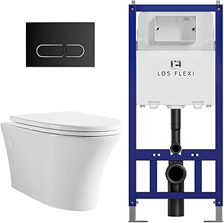 Comfort & Elongated Wall Hung Toilet System, Los Flexi Wall Mounted Toilet with Adjustable Floating Toilet Bowl, Durable In-Wall Toilet Tank Carrier, Soft-Close Seat & Dual-Flush Push Plate Included