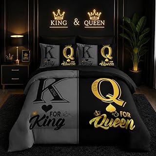 King and Queen Crown Comforter Set Black and Gray Couple Bedding Set，7Pcs Mr Mrs Comforter Set for Adults Couple Men Women,Light Bedding Set 7 Piece in A Bag, Bed Sheet Set Decor QUEEN All Seasons
