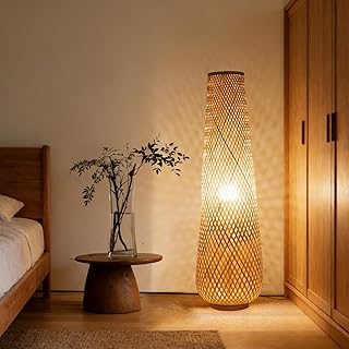 Farmhouse Style Bamboo Floor Lamp,Large Wicker Indoor Floor Light,Boho Standing Light Plug in,Modern Minimalist Standing Lamp for Living Room Bedroom