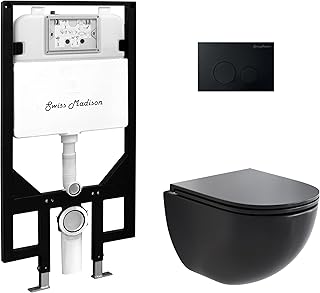Swiss Madison St. Tropez Wall-Hung Toilet Bundle 0.8/1.6 GPF Dual Flush in Matte Black with Black Flush Plate