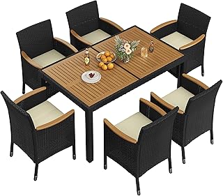 Yaheetech 7 Piece Patio Furniture Set, Outdoor Dining Acacia Wood Table Top Rattan Conversation with Soft Cushions, 6 Chairs & 1 Table for Backyard, Deck, Garden & Yard, Black/Beige