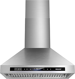 Brano Range Hood 30 Inch Wall Mount, 900 CFM Ducted/Ductless Convertible, 4-Speed Stainless Steel Vent Hood, Voice Gesture Touch Control Panel, Timer & Delay Shutoff, LED Lights, Charcoal Filter
