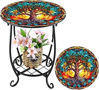 Cinnvoice Outdoor Side Table Round Small Mosaic Patio Accent Indoor End Plant Coffee Tea Table for Yard Patio Porch Garden Living Room, Bedroom(Tree Style,14 Inch)