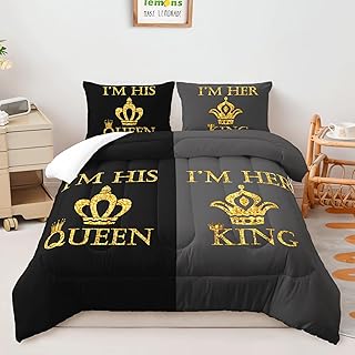 AILONEN King and Queen Comforter Set,Black and Gray Crownc Bedding Set for Couples Queen Size,Romantic Theme Duvet Set,1 Quilt + 2 Pillow Case,3 Pieces,Soft Microfiber