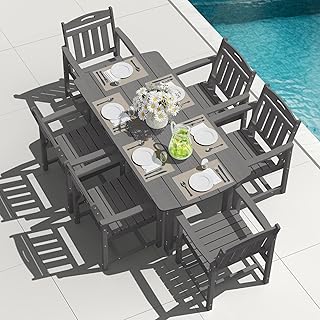 HDPE Outdoor Patio Dining Set with Table & 6 Chairs, All-Weather 7-Piece Outdoor Table and Chairs, 2