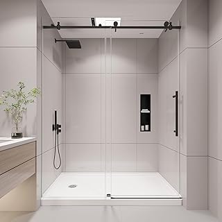 KPUY frameless sliding shower door black frame 76 inch