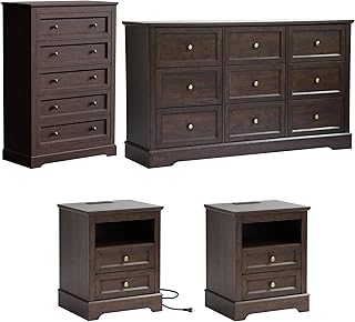 LOUVIXA Farmhouse Bedroom Sets of 4, 4Pcs Farmhouse Dresser Set，Including 9 Drawer Dresser, 5 Drawer Dressers and Nightstand Set of 2 with Charging Station (Brown Sets, 4 Pieces)