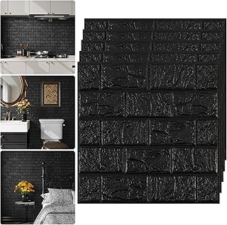Faux Brick Wall Panels Peel and Stick Tile - 3D Stick on Backsplash Tiles for Kitchen - Black Sound Proof Foam Stone Wall Panel for Walls - Waterproof Fake Brick Paneling for Bathroom 10PCS 11.8x11.8