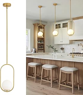 Yunnix Pendant Lights Kitchen Island, Pendant Light Fixtures, Modern Gold Globe Glass Pendant Lighting, Brass Mid Century Chandelier One Light for Bathroom Bedroom Dining Room(Bulb Not Included)