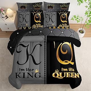 AILONEN Grey and Black Comforter Set Queen IZE,7-Piece K and Q Printed Crown Couple Bed in a Bag,His Her Lover Comforter & Fitted Sheet & Flat Sheet & 2 Pillowcases,2 Pillow Shams