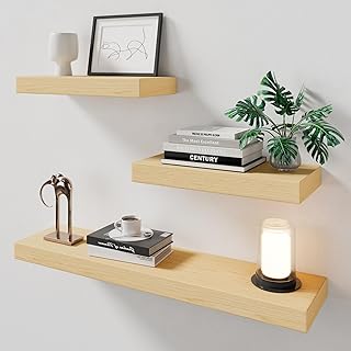 White Oak Floating Shelf Set of 3 for Wall, 2 Inch Thick Wood Floating Shelves Wall Mounted, 8 Inch Deep Shelf for Kitchen Living Room Bathroom Laundry Office, 50LBS Capacity (16 & 31.5 in)