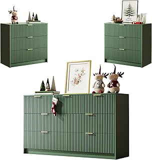 MAISONARIA 3-Piece Dresser Bedroom Set, 7 Drawer Dresser & 3 Drawer Nightstands with Gold Handles, Fluted Wood Chest of Drawers for Bedroom, Living Room, Entryway, Green