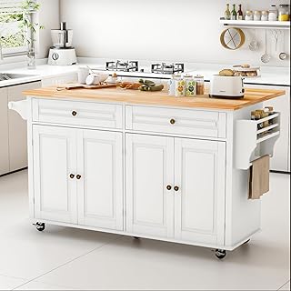 Kitchen Island Cart with Wood Top and Drop Leaf, Rolling Kitchen Island Table on Wheels with Drawer, Storage Cabinet, Spice Rack and Towel Rack for Dining Room, White