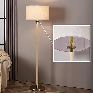 Floor Lamp, Modern Lamp with Dimmer Switch and Bulb, Mid Century Lamp with Linen Shade, Great Living Room Décor, Tall Lamp, Standing Lamp for Bedroom and Office, Natural Wood