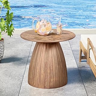 Metal Small Patio Table, Round Outdoor Side Table, Wood Color Outdoor Accent End Table, Patio Furniture, for Garden, Pool, Yard, Balcony, Living Room, Deck, Weather Resistant, No Assembly