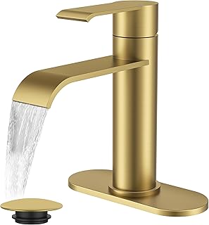 FORIOUS Brushed Gold Bathroom Faucet Single Hole Waterfall Faucet for Bathroom Sink 1 Hole with Deck Plate, Gold Single Handle Vanity Tap with Pop-up Drain and CUPC Hose for RV, Lavatory